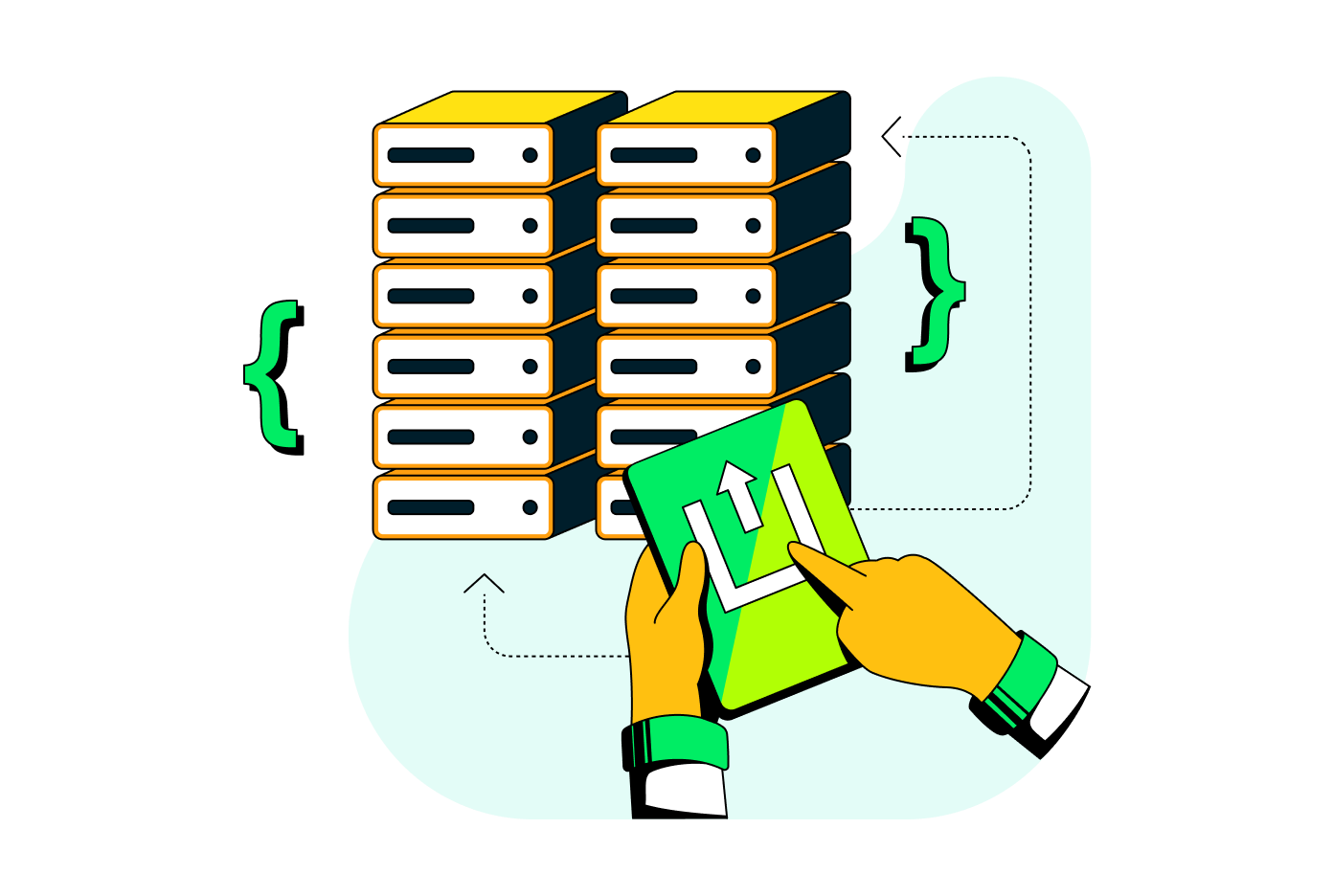 An illustration of a person using a tablet to manage their database.
